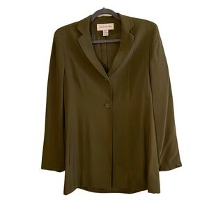 Jones New York Silk Olive Green Blazer Long Line Classic Tailored Festive Office